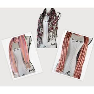 Lot Of 3 Long Skinny Scarves Y2K Accent Tassle Fringe Pink Orange Burgundy Black